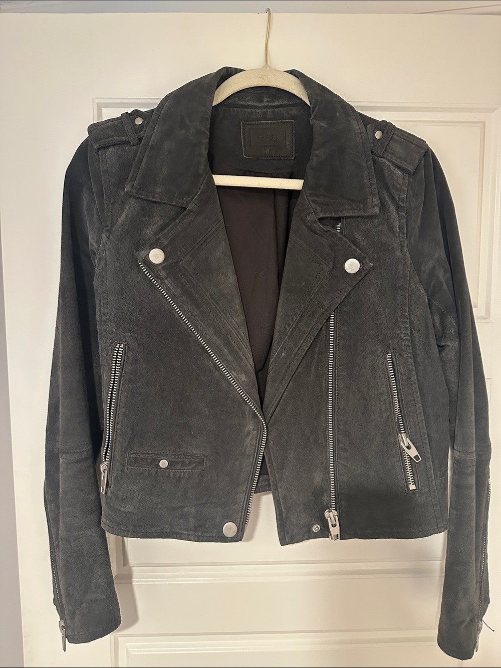Womens Black Suede Moto Jacket with Zip Details